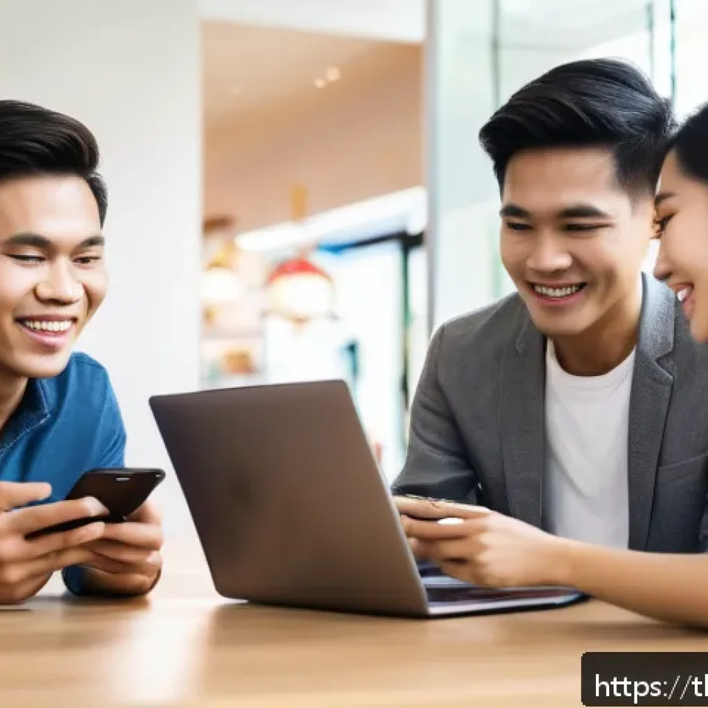 하이퍼 퍼스널라이제이션과 소비자 행동 변화 - A modern Thai online shopping scene showing a diverse group of young adults interacting with persona...