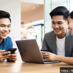 Home 19 하이퍼 퍼스널라이제이션과 소비자 행동 변화 - A modern Thai online shopping scene showing a diverse group of young adults interacting with persona...